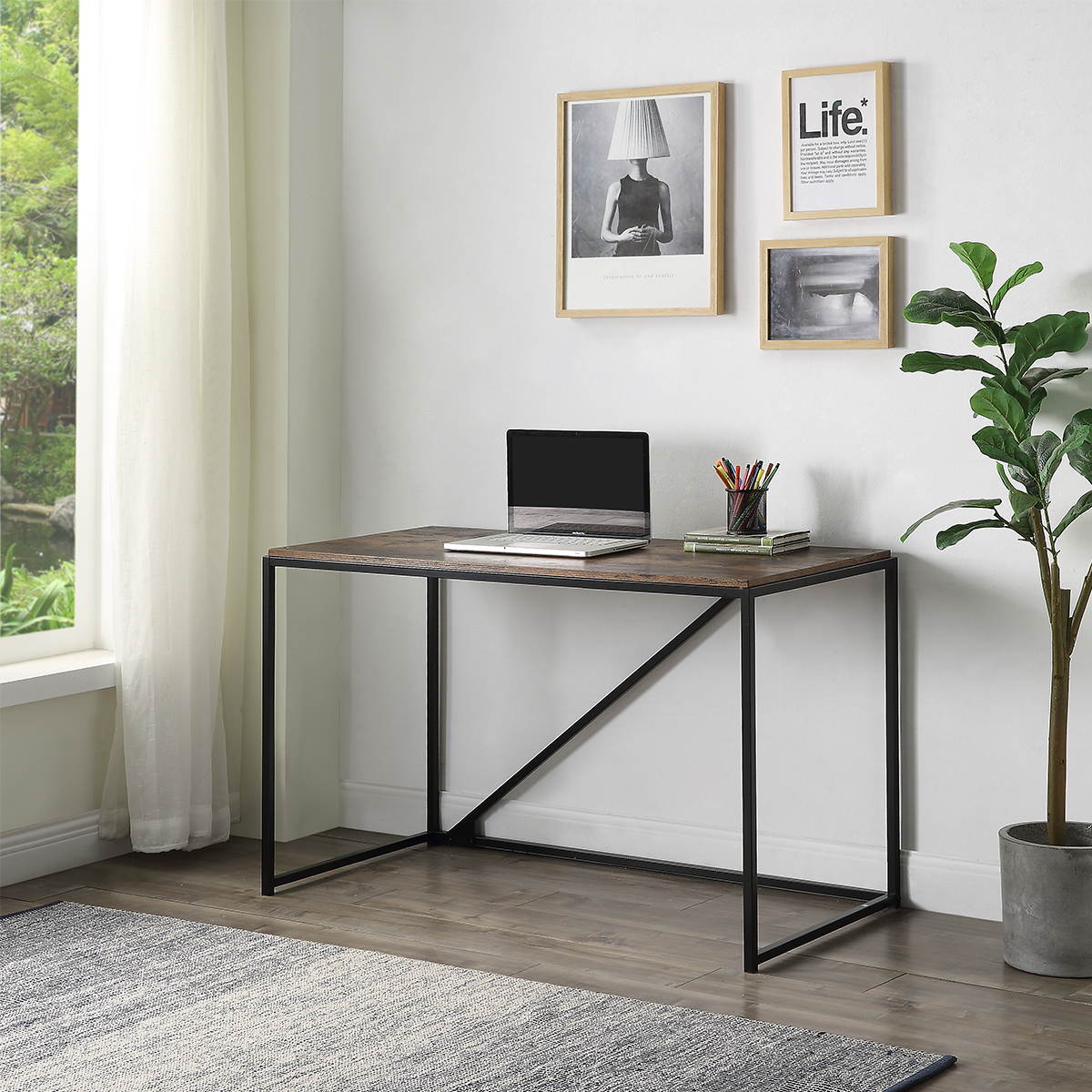 Home Office L Shaped Desk Rotating Standing Computer Desk Industrial 360 Degrees Free Rotating Corner Computer Desk Gaming Desk with Storage Shelf Brown