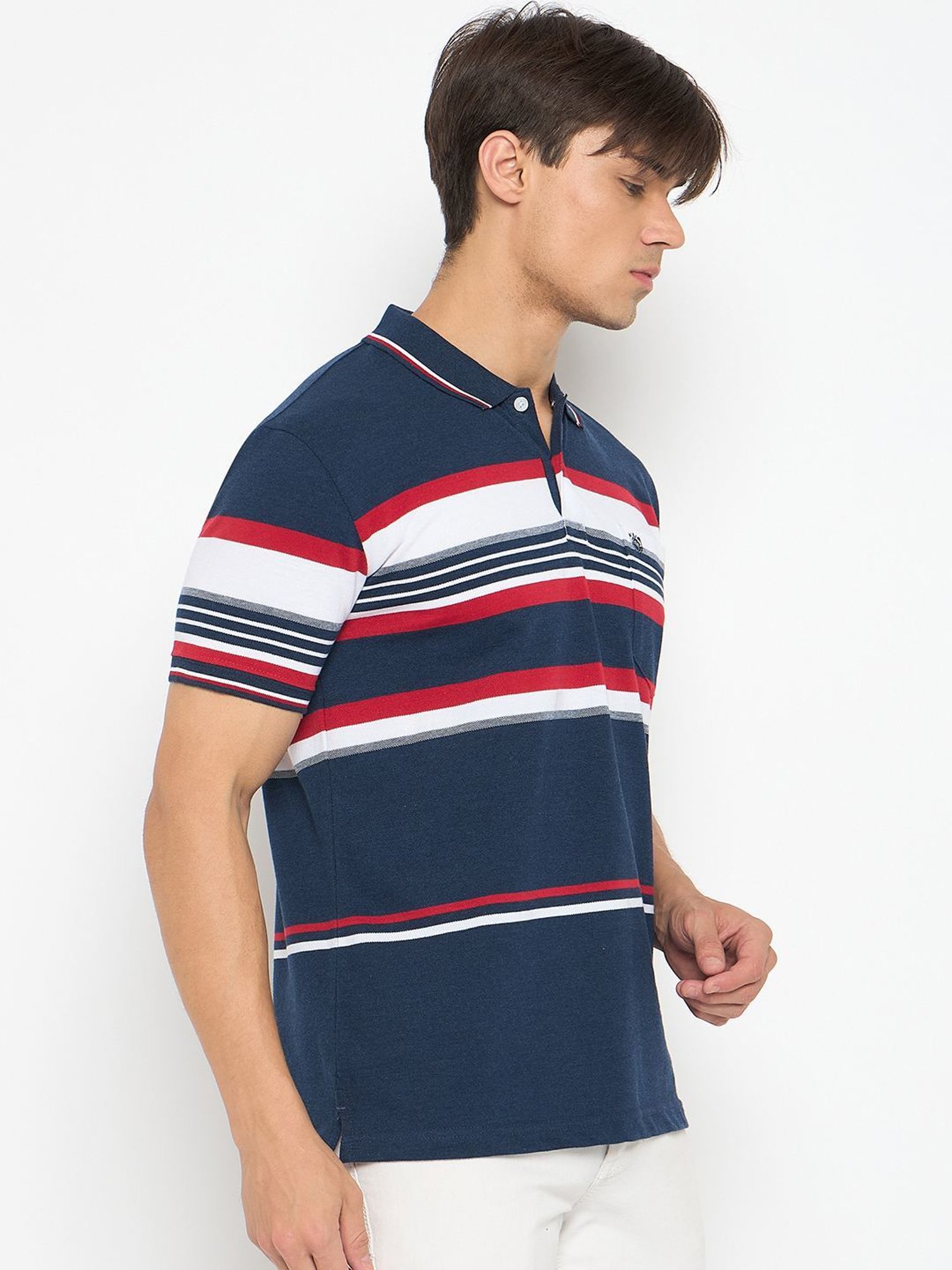 Duke Navy Regular Fit Striped Polo T-Shirt