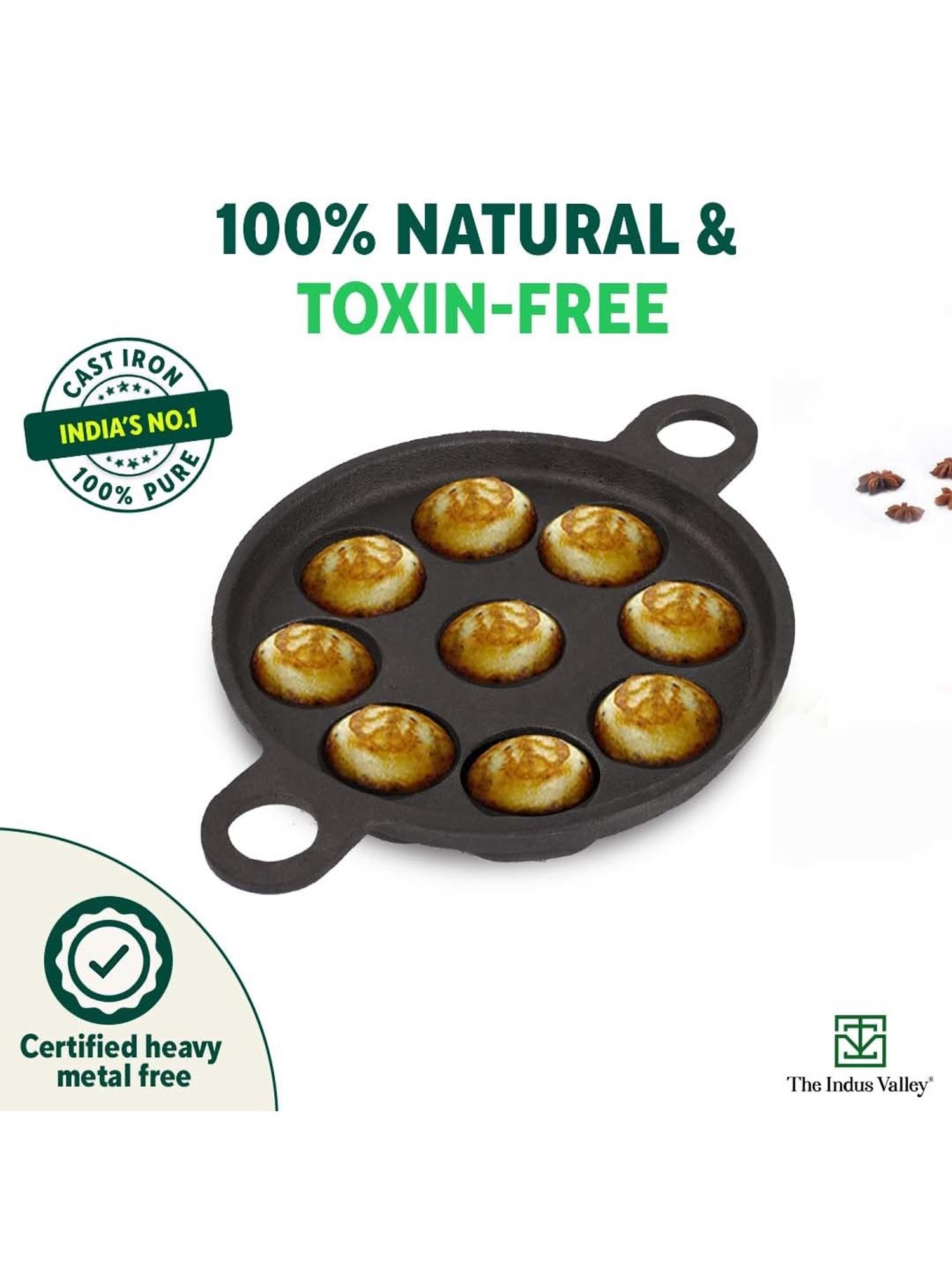 The Indus Valley Black Cast Iron 20.8cm 9-Pit Paniyaram Pan with Free Wooden Picker