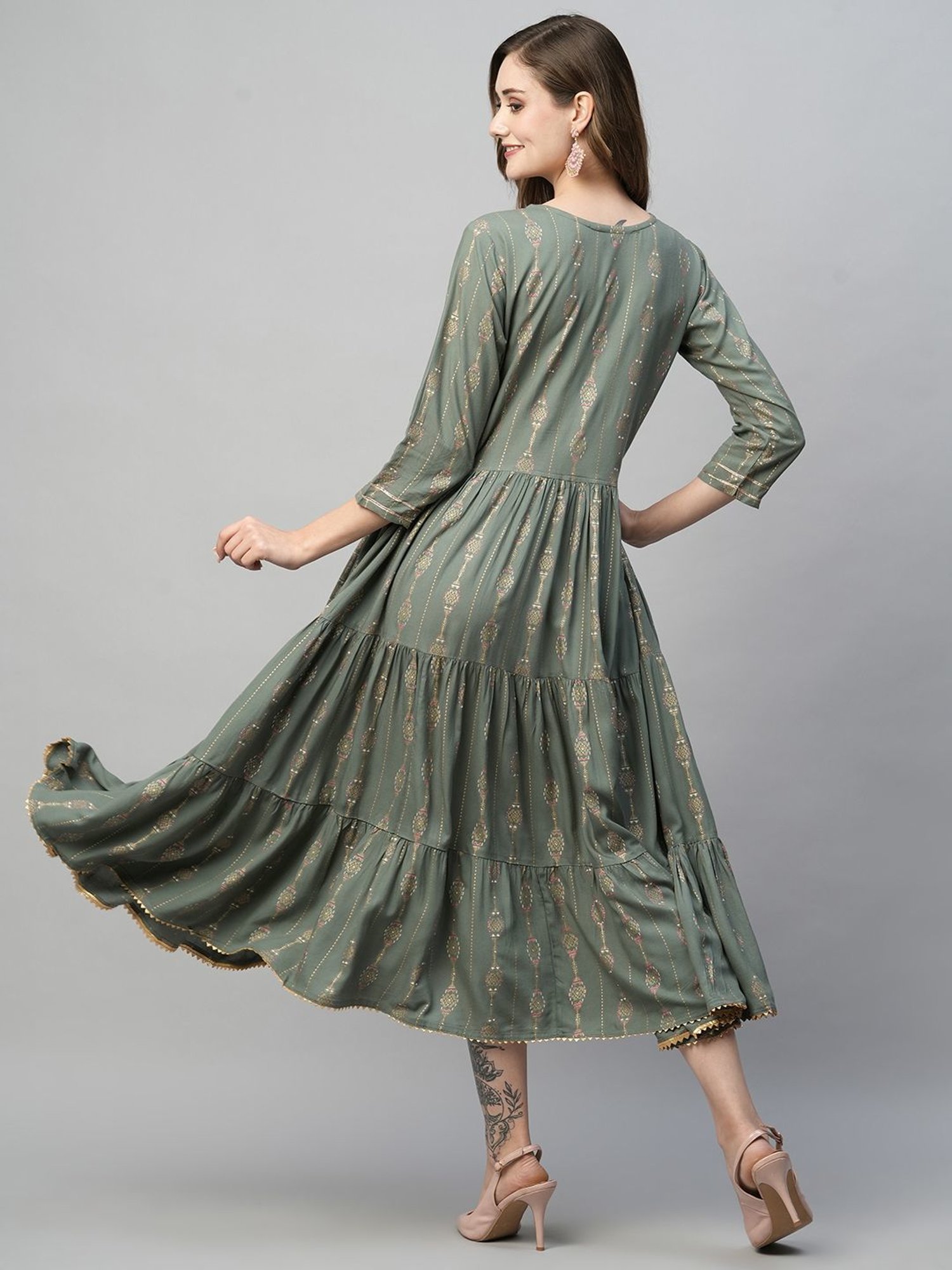 KIANA Grey Printed A-Line Dress