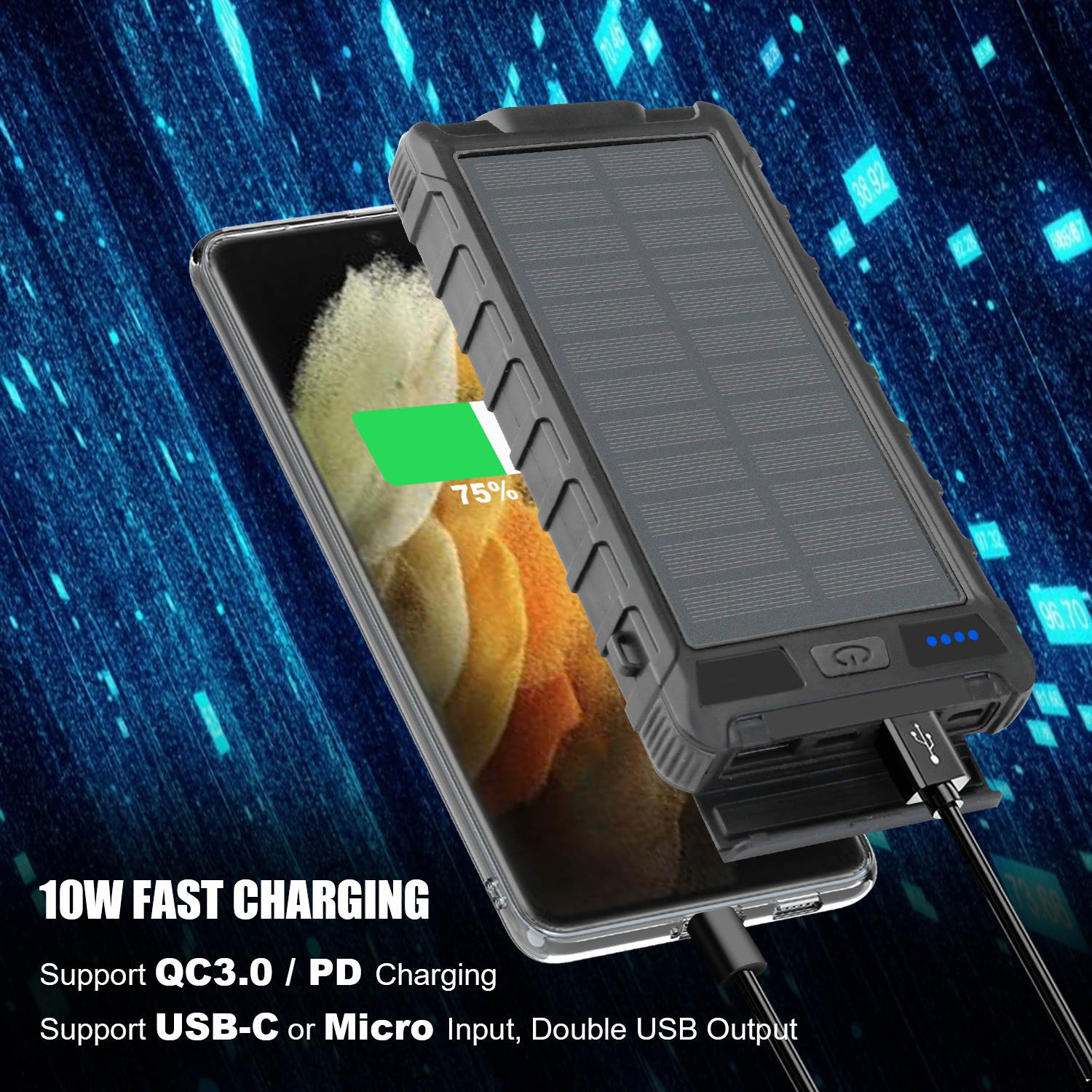 Donwell LED Light Digital Display Solar Wireless Charger High Capacity 10000mA Fast Charging Mobile Power Supply Portable Power Bank for iPhone/iPad/iPod/Samsung ,and more