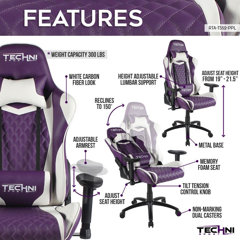 Ergonomic High Back Racer Style Video Gaming Chair Purple - Techni Sport