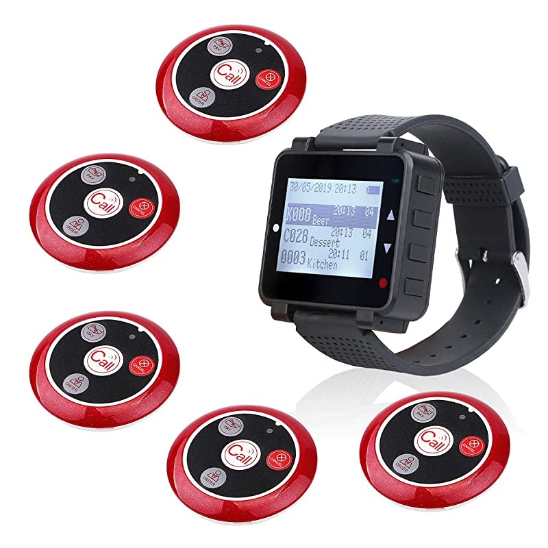 T128 Restaurant Pager System,Smart Call Button,Max 500,Wrist Pager,5 4-Key Help Alert Waterproof Call Buttons for Waiter,Customer,Caregiver