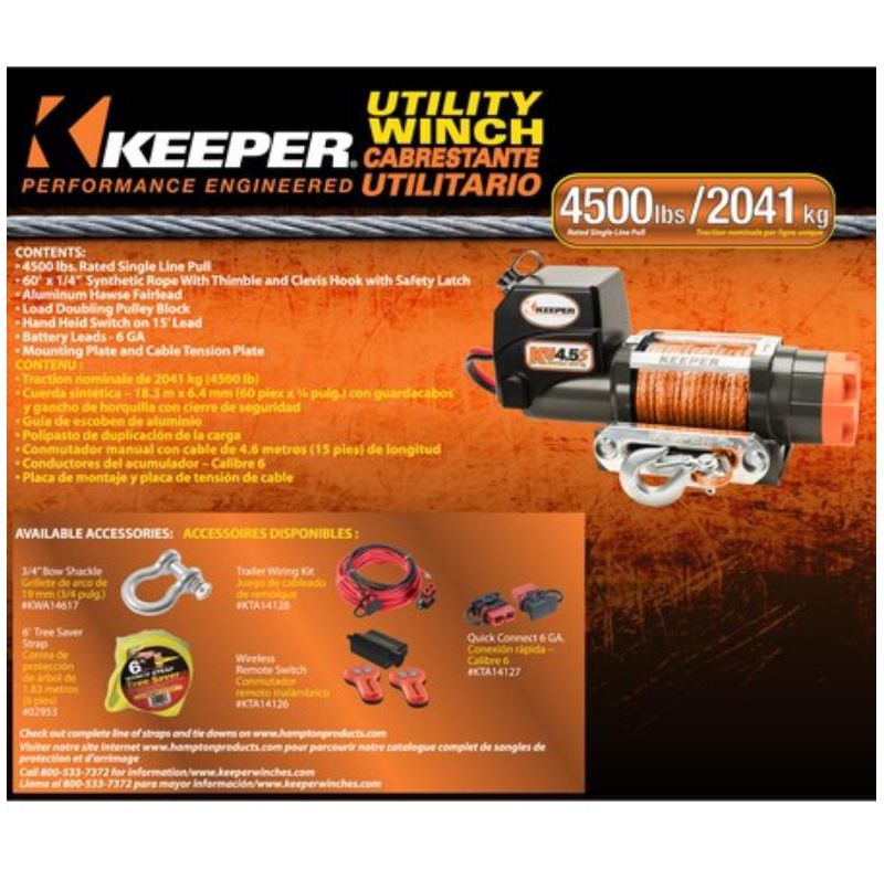 Keeper KU45082 1.5 Horsepower 12 Volt 4500 Pound Load Capacity Off Road Utility Vehicle Electric Winch with Fairlead, and Pulley Block Assembly, Black