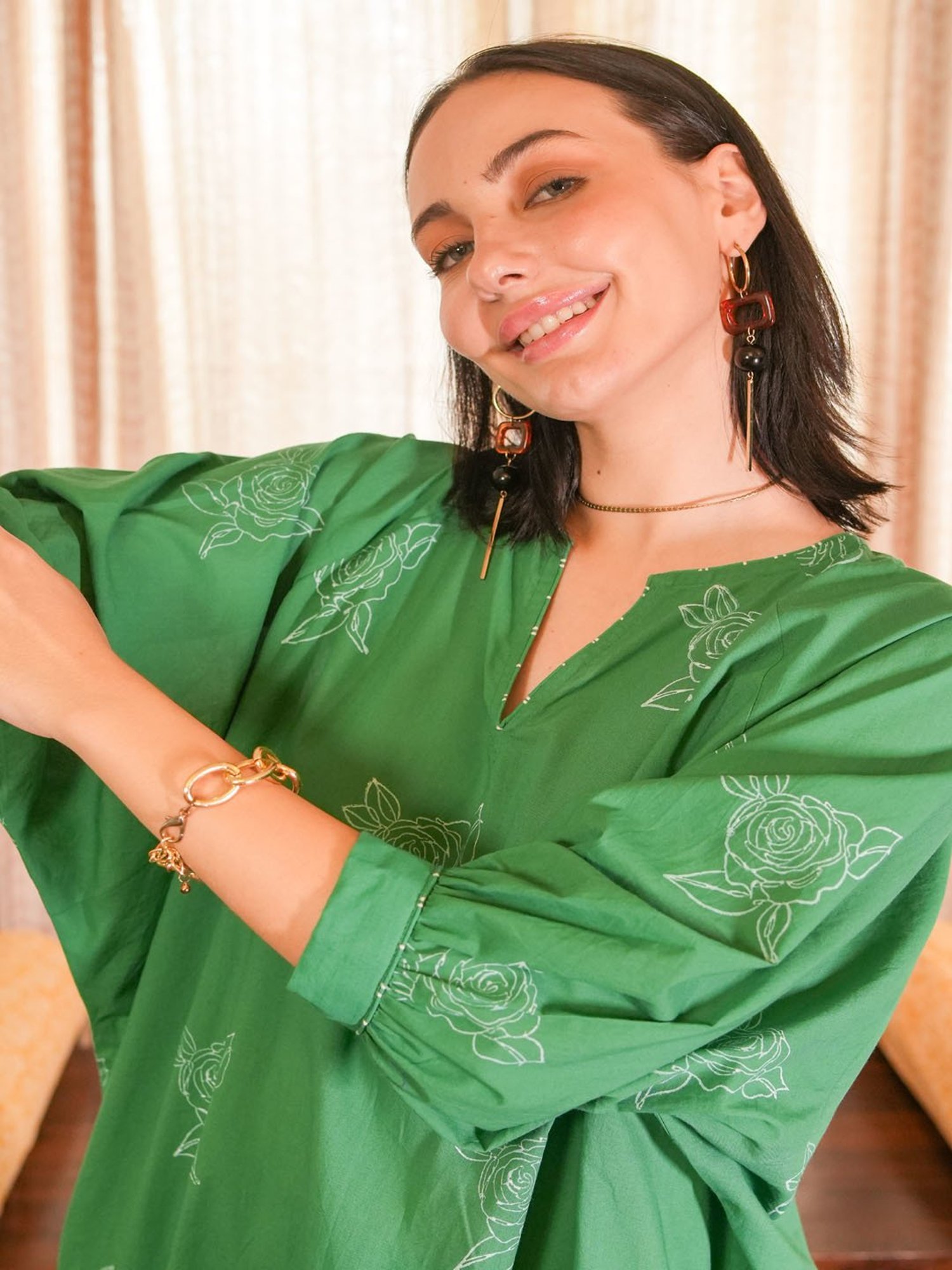 Akiso Emerald Green Hand Block Printed Assymetrical Kaftan
