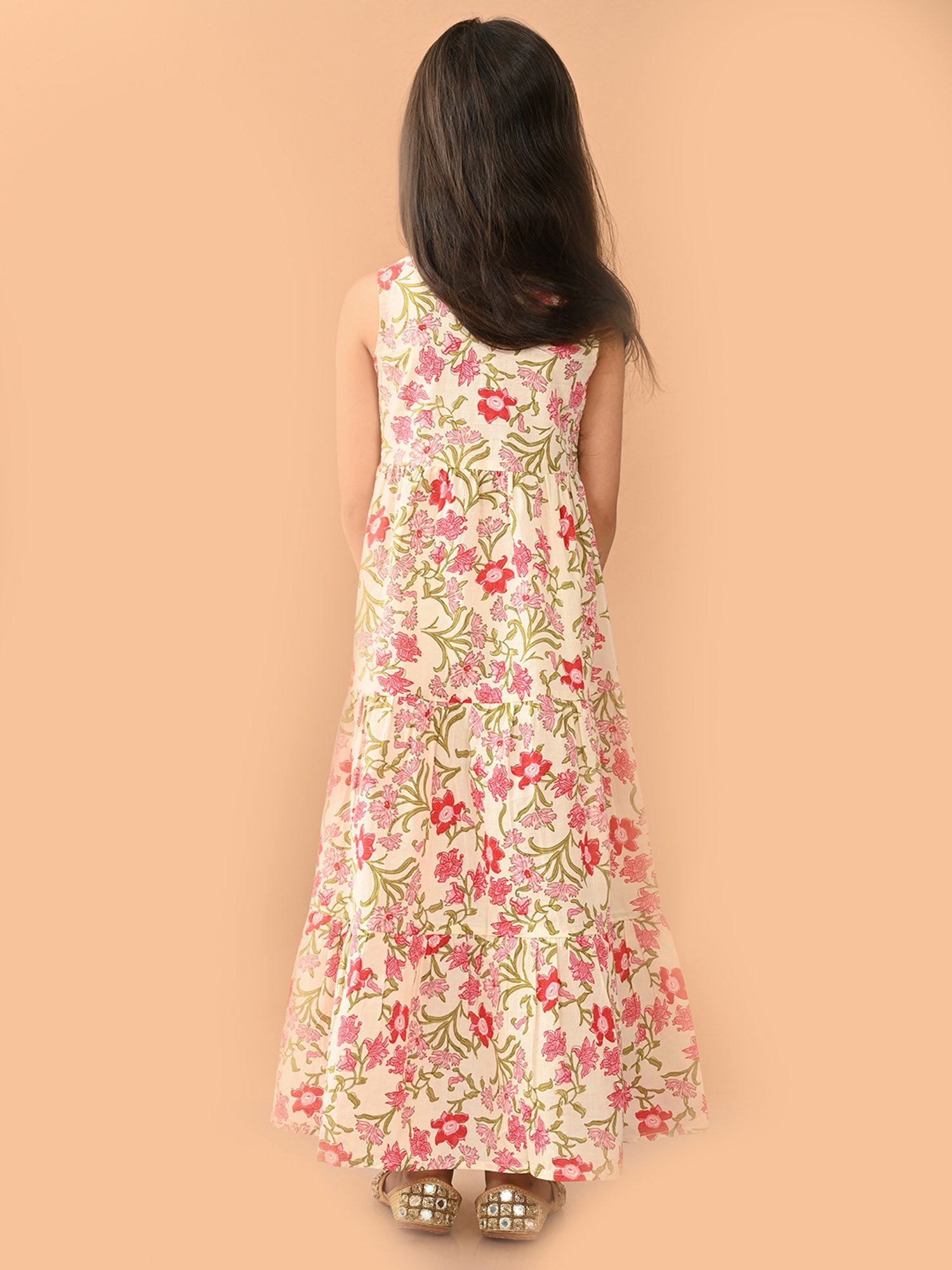 LilPicks Kids Beige Floral Print Maxi Dress
