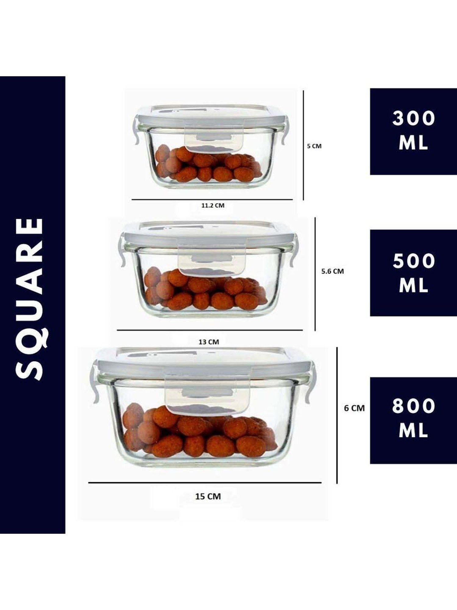 Femora Borosilicate Glass Square Container with Air Vent Lid (300 ml, 500 ml & 800 ml) - Set of 3