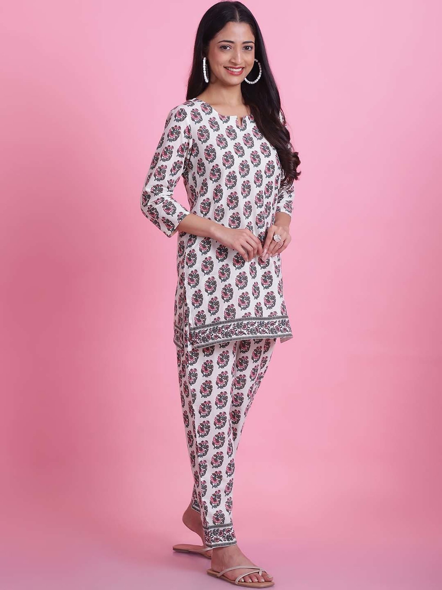 Prakrti White Cotton Floral Print Top Pant Set