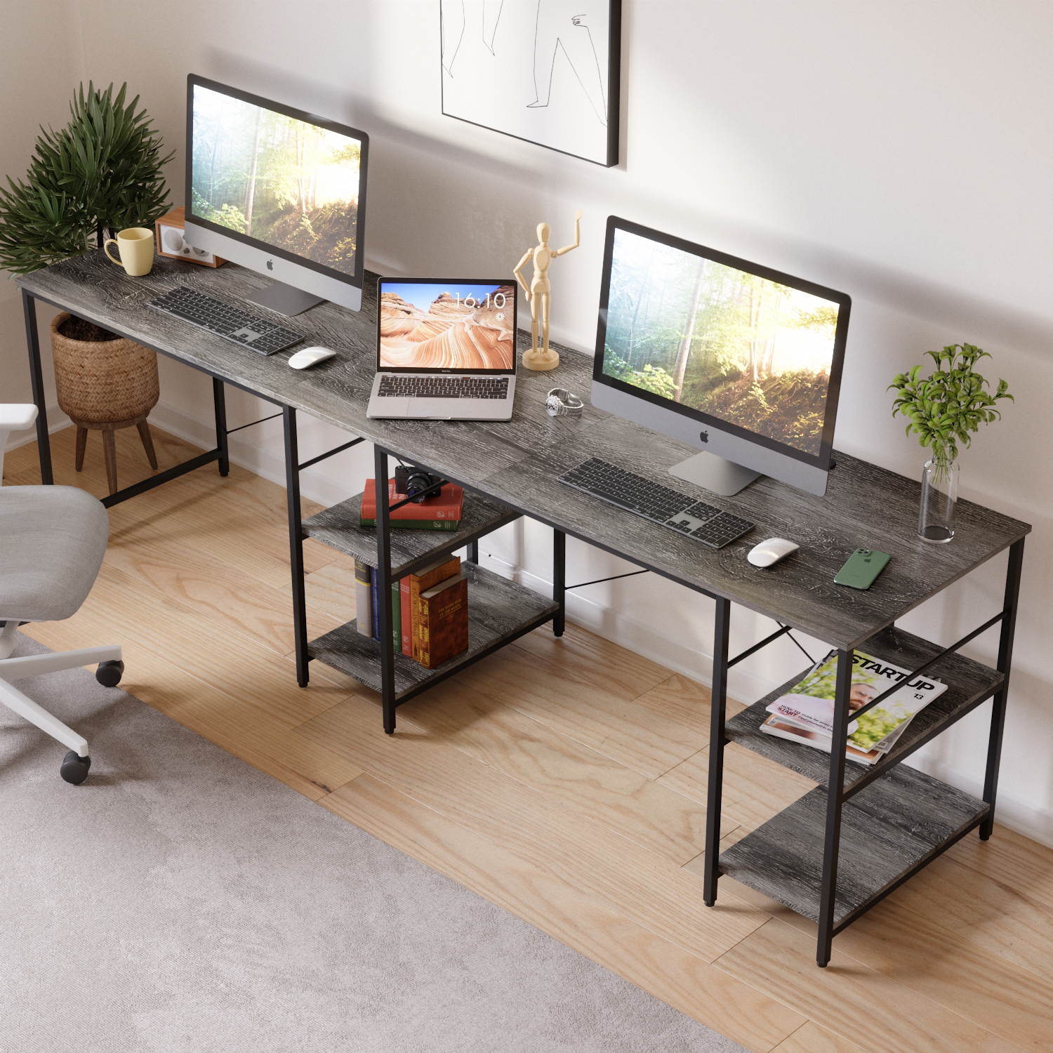 Bestier L Shaped Desk with Shelves 95.2 Inch Reversible Corner Computer Desk or 2 Person Long Table for Home Office Large Gaming Writing Storage Workstation P2 Board with 3 Cable Holes, Grey Oak
