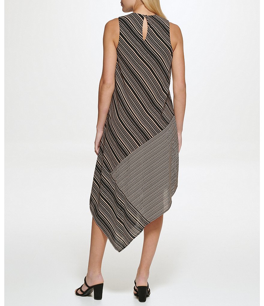 Donna Karan Blocked Stripe Mix Asymmetric Hem Jewel Neck Sleeveless Midi Dress