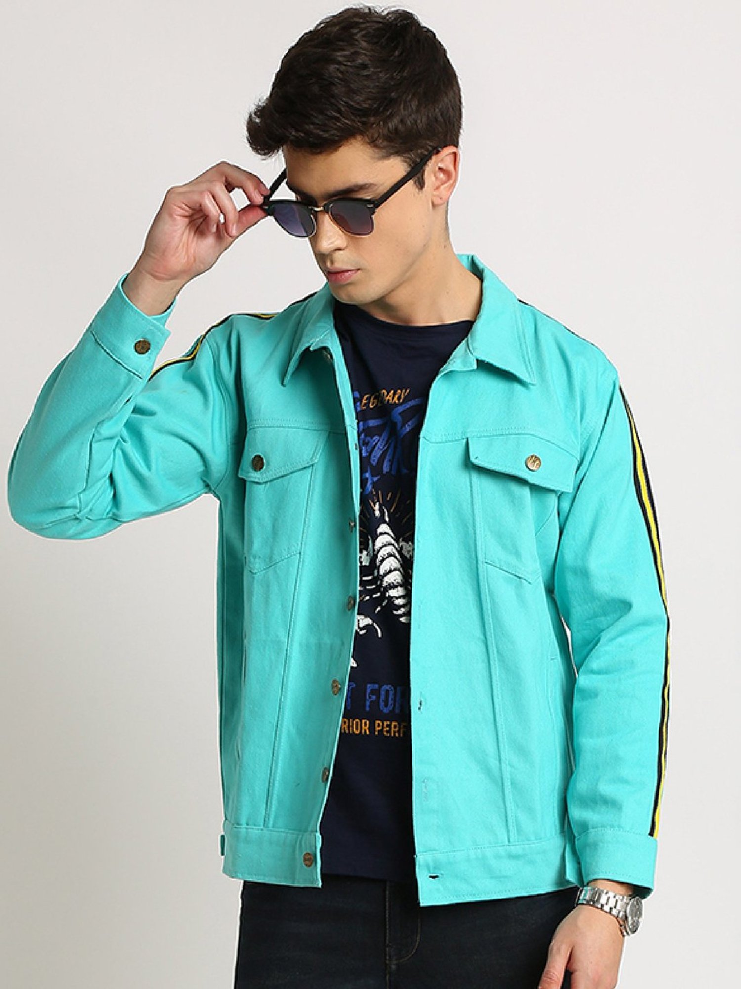 VOXATI Turquoise Full Sleeves Shirt Collar Denim Jacket