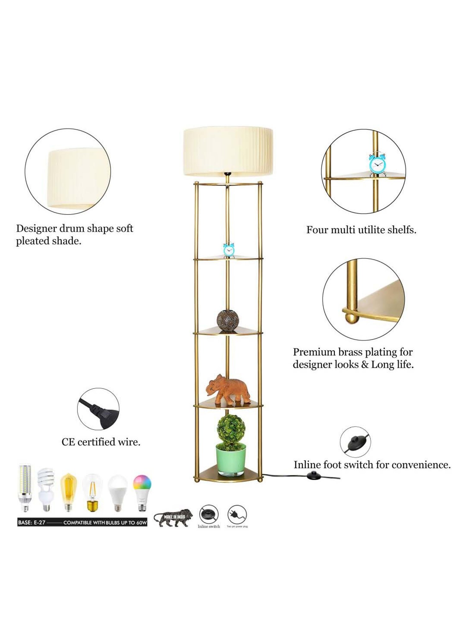 Kapoor E Illuminations Devan Antique Brass Metal Multiutility Shelf Floor Lamp