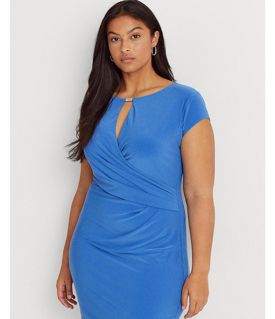 Lauren Ralph Lauren Plus Size Jewel Keyhole Neck Cap Sleeve Ruched Waist Faux Wrap Jersey Dress