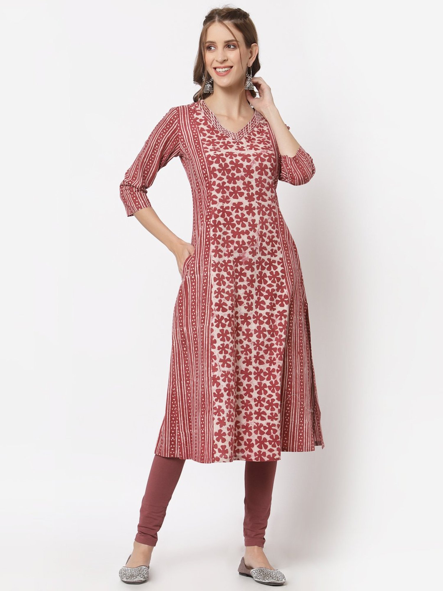 Kami Kubi Maroon & Beige Cotton Floral Print A Line Kurta