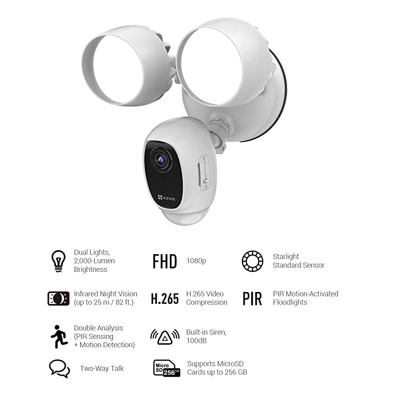 Floodlight Security Camera WiFi, H.265, PIR Motion Detection, 1080P Live View, Siren Alarm, Starlight Color Night Vision, Two-Way Audio, Weatherproof | LC1C