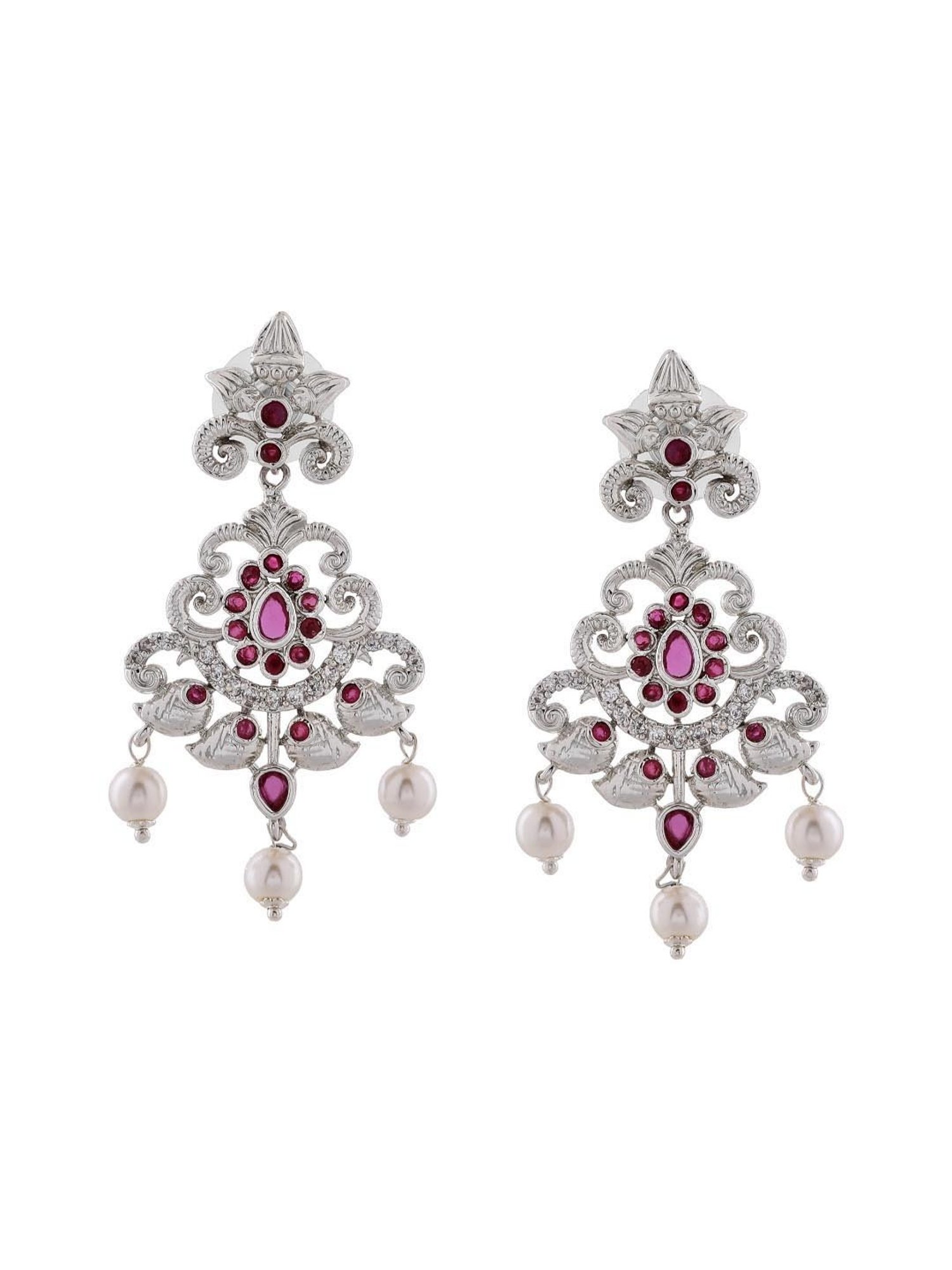 Estele Rhodium-Plated CZ Magnificent Bridal Necklace Set with Pearls for Women