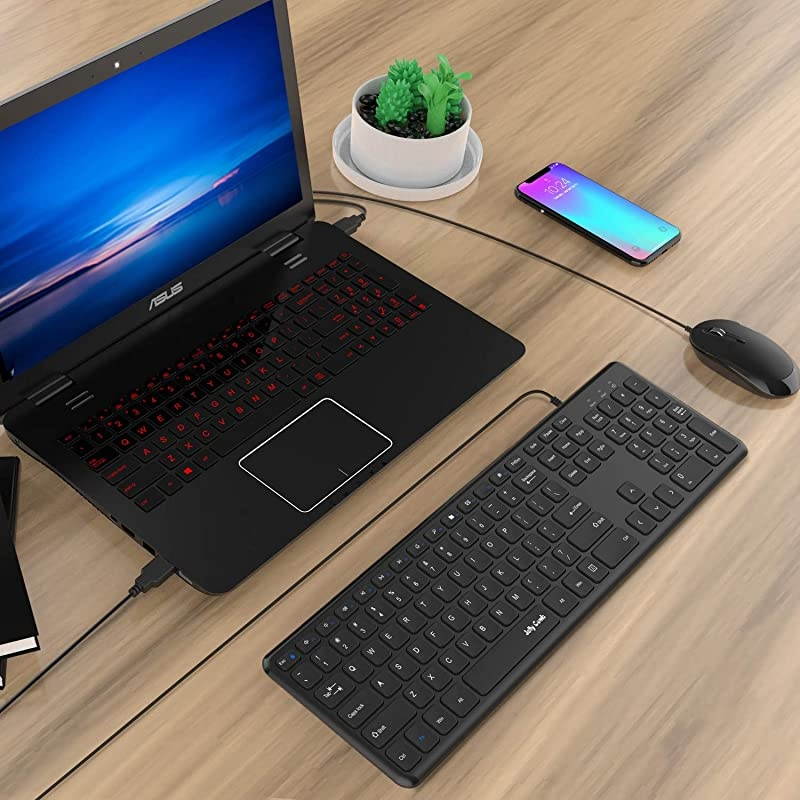 Wired Keyboard and Mouse,  Ultra Thin Full Size USB Wire Corded Keyboard Mouse Combo Set with Number Pad for Computer, Laptop, PC, Desktop, Notebook, Windows 7, 8, 10 (Black)