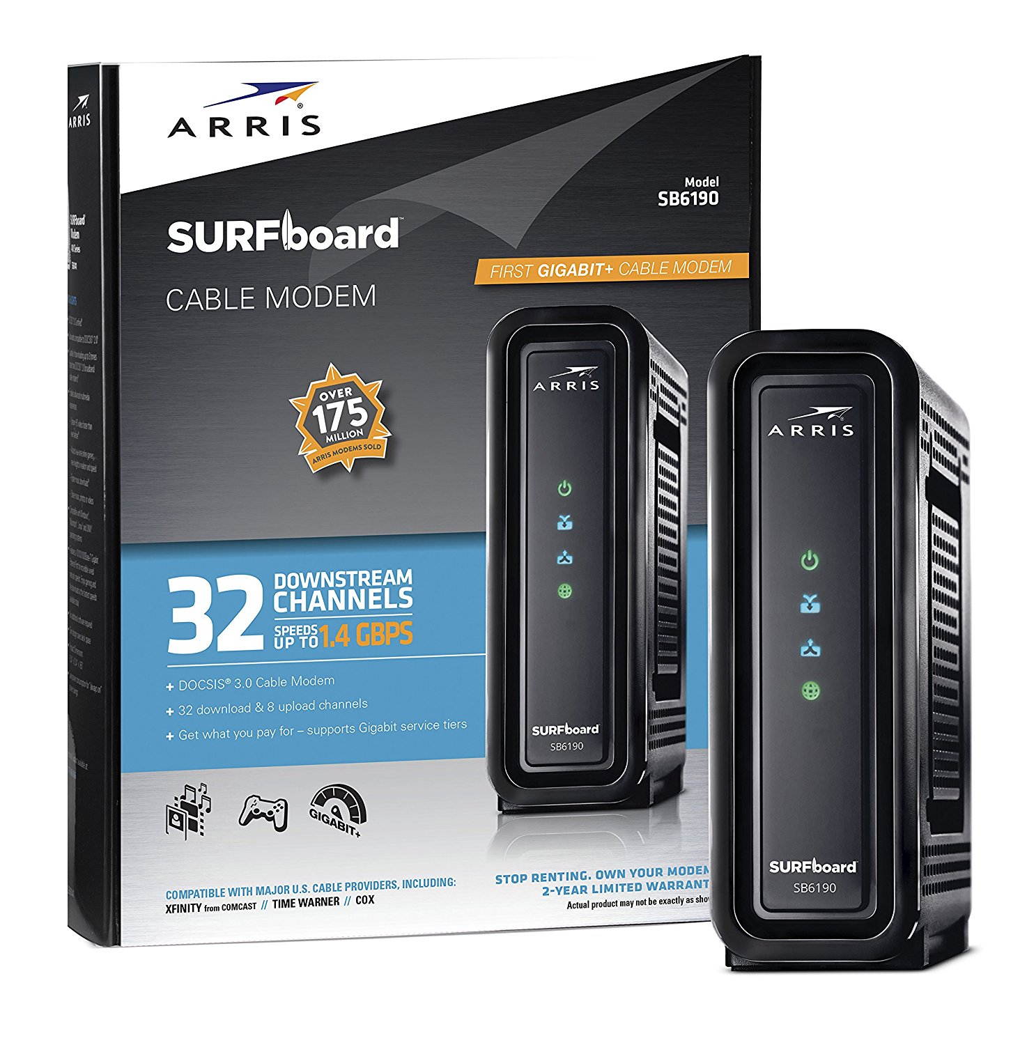 ARRIS SURFboard SB6190 BLK DOCSIS 3.0 Cable Modem - Retail Packaging - Black