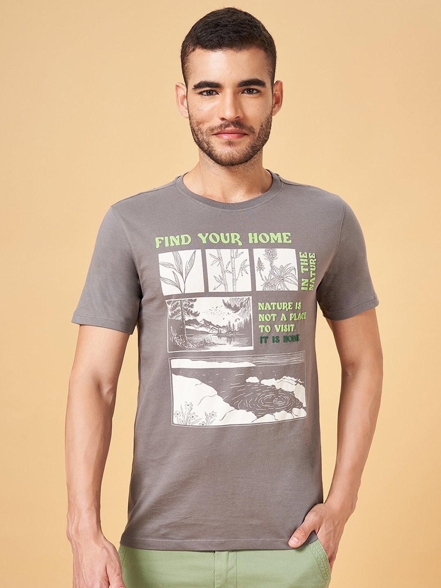 Urban Ranger by Pantaloons Mid Grey Cotton Slim Fit Printed T-Shirt