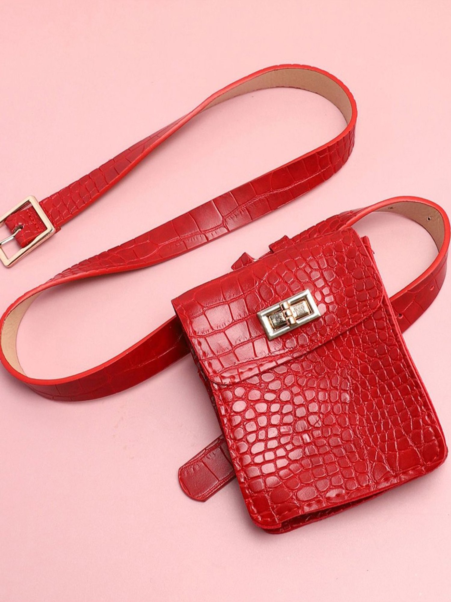 HauteSauce Red Textured Casual Belt for Women with Pouch