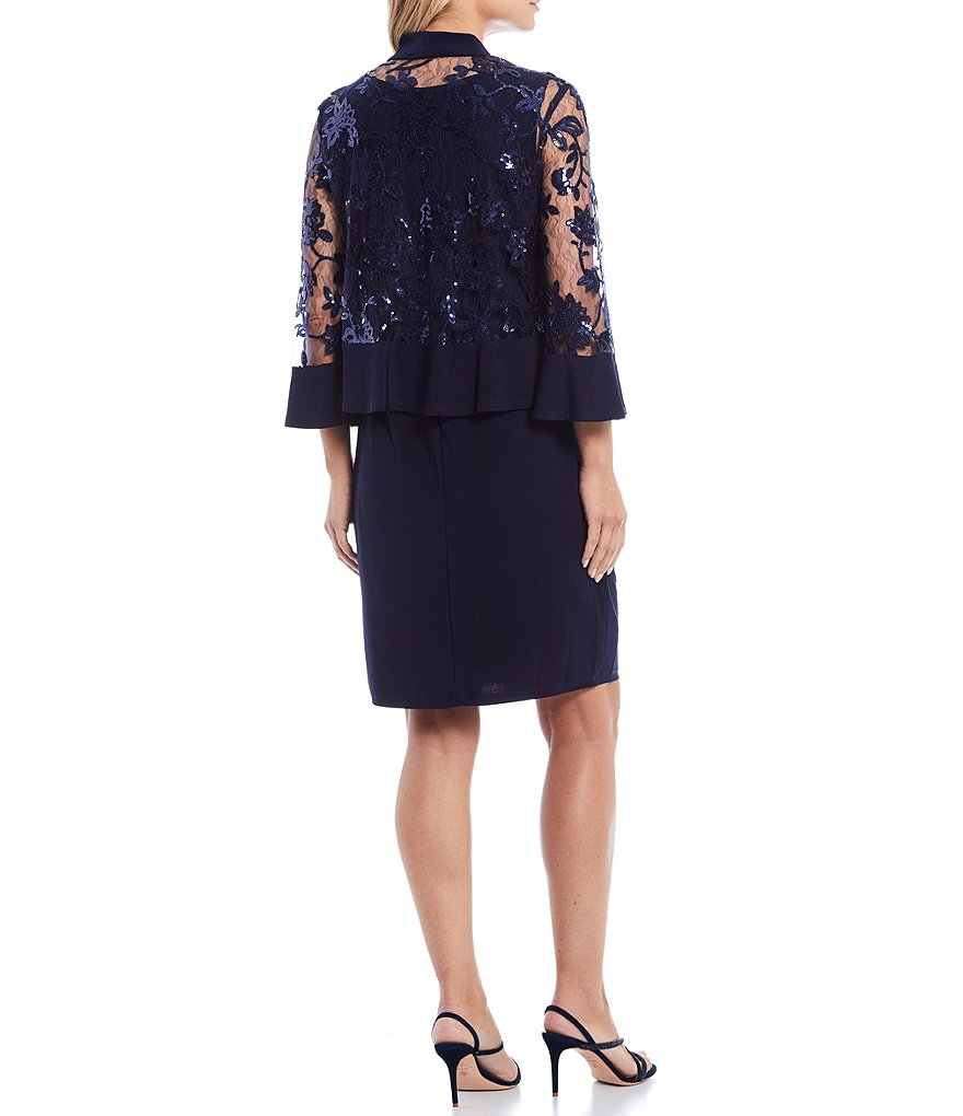 R & M Richards Embroidered Sequin Bell Sleeve 2-Piece Jacket Dress