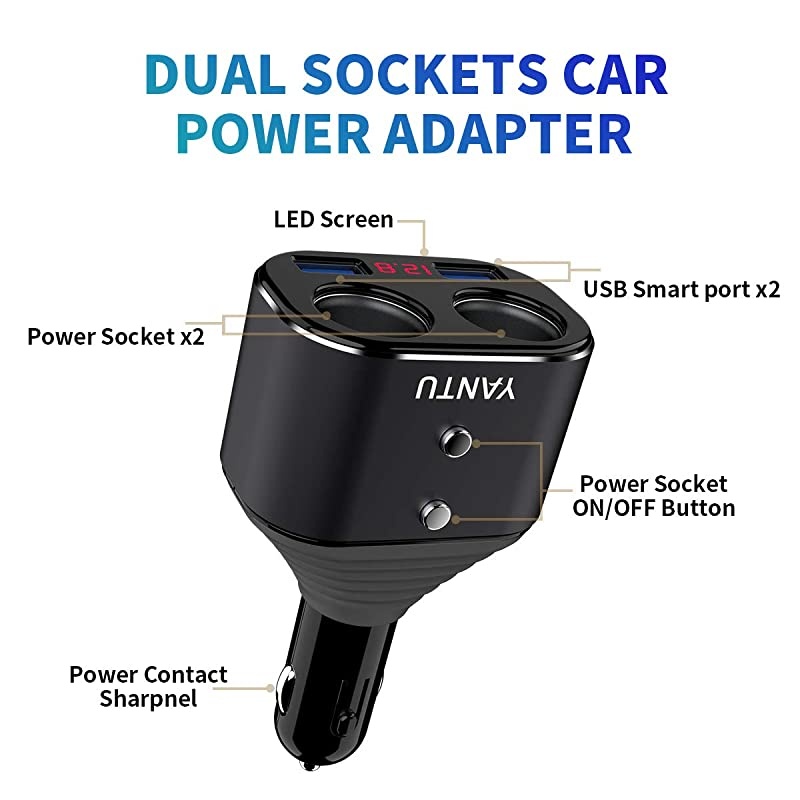 Cigarette Lighter SplitterDual USB Car ChargerLED Voltage Display2 Sockets12V Car Splitter Adapter for iPhone iPad Samsung GPS Dashcam Replaceable fus