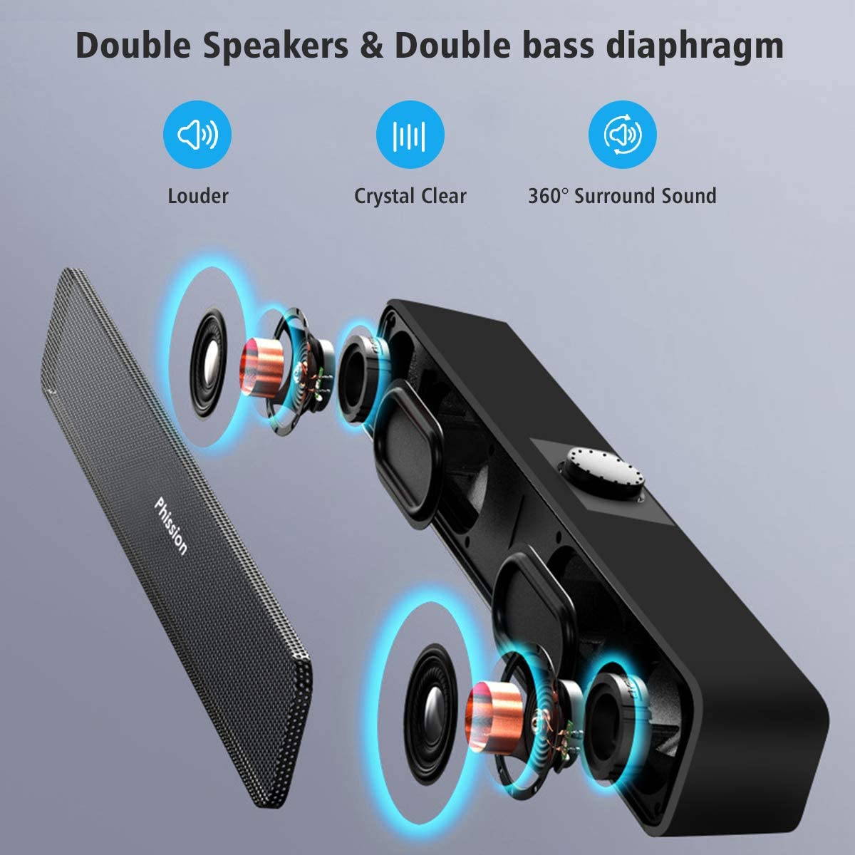 Soundbar,Computer Speakers with 2 Diaphragm USB Powered Speaker, 2.0 Stereo Speaker for Laptop Desktop PC Cellphone Laptop Game Console, Plug and Play, Black Glossy (Upgrade)