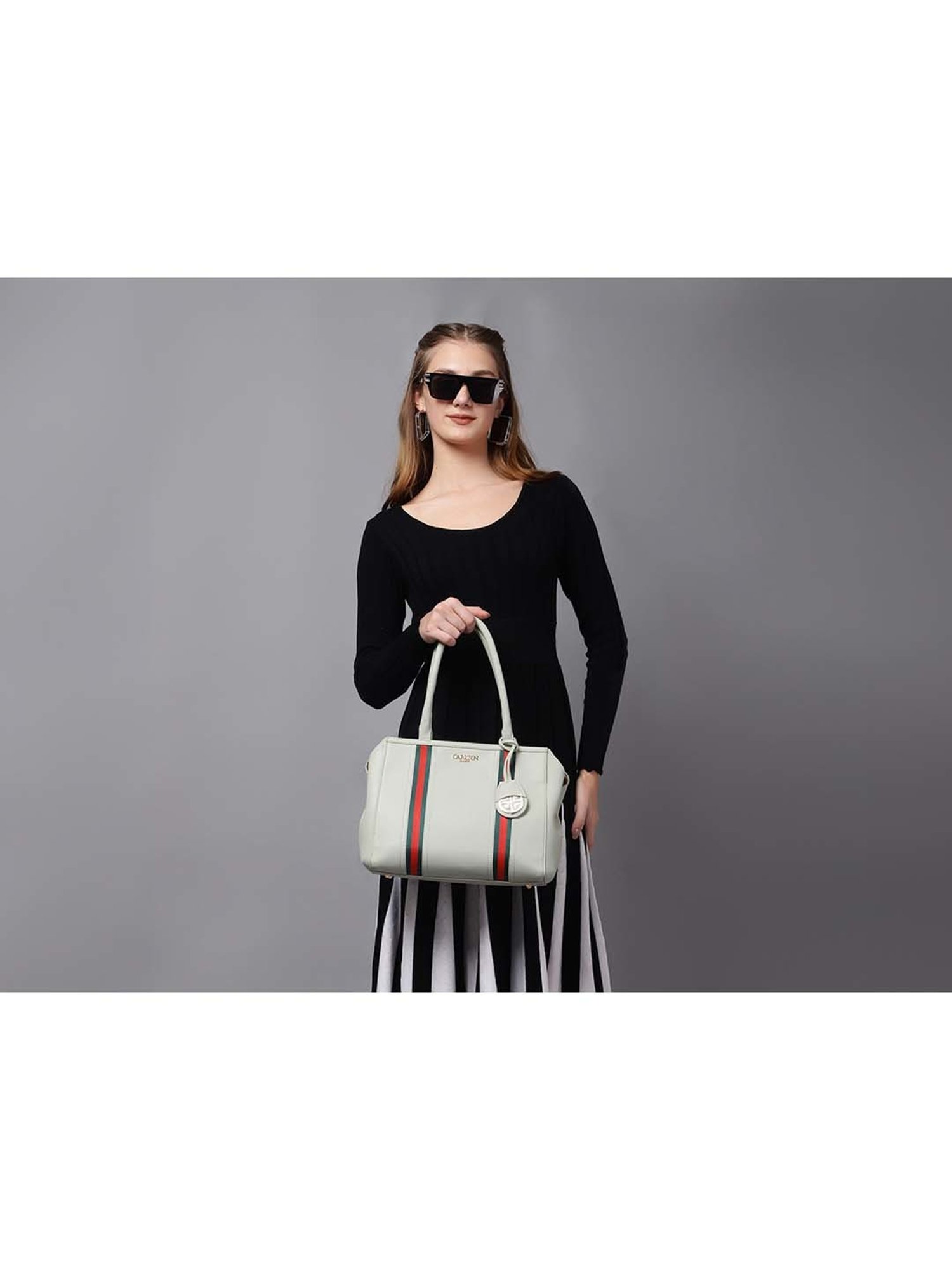 Carlton London Mint Green Striped Medium Shoulder Handbag