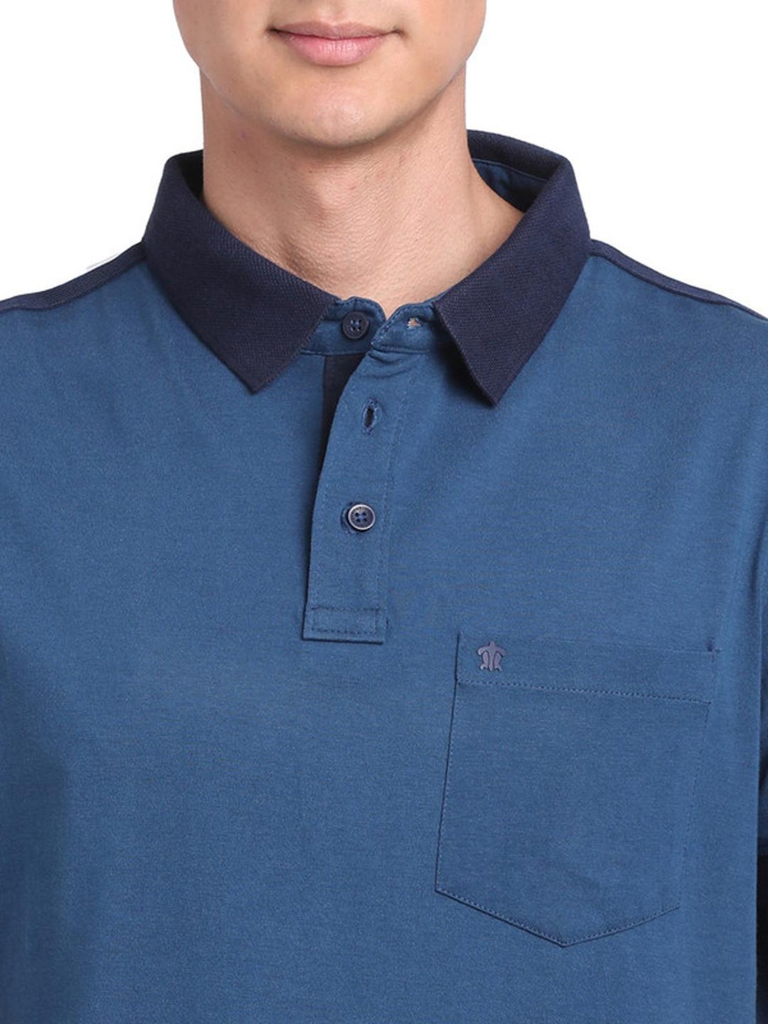Turtle Blue Cotton Slim Fit Striped Polo T-Shirts