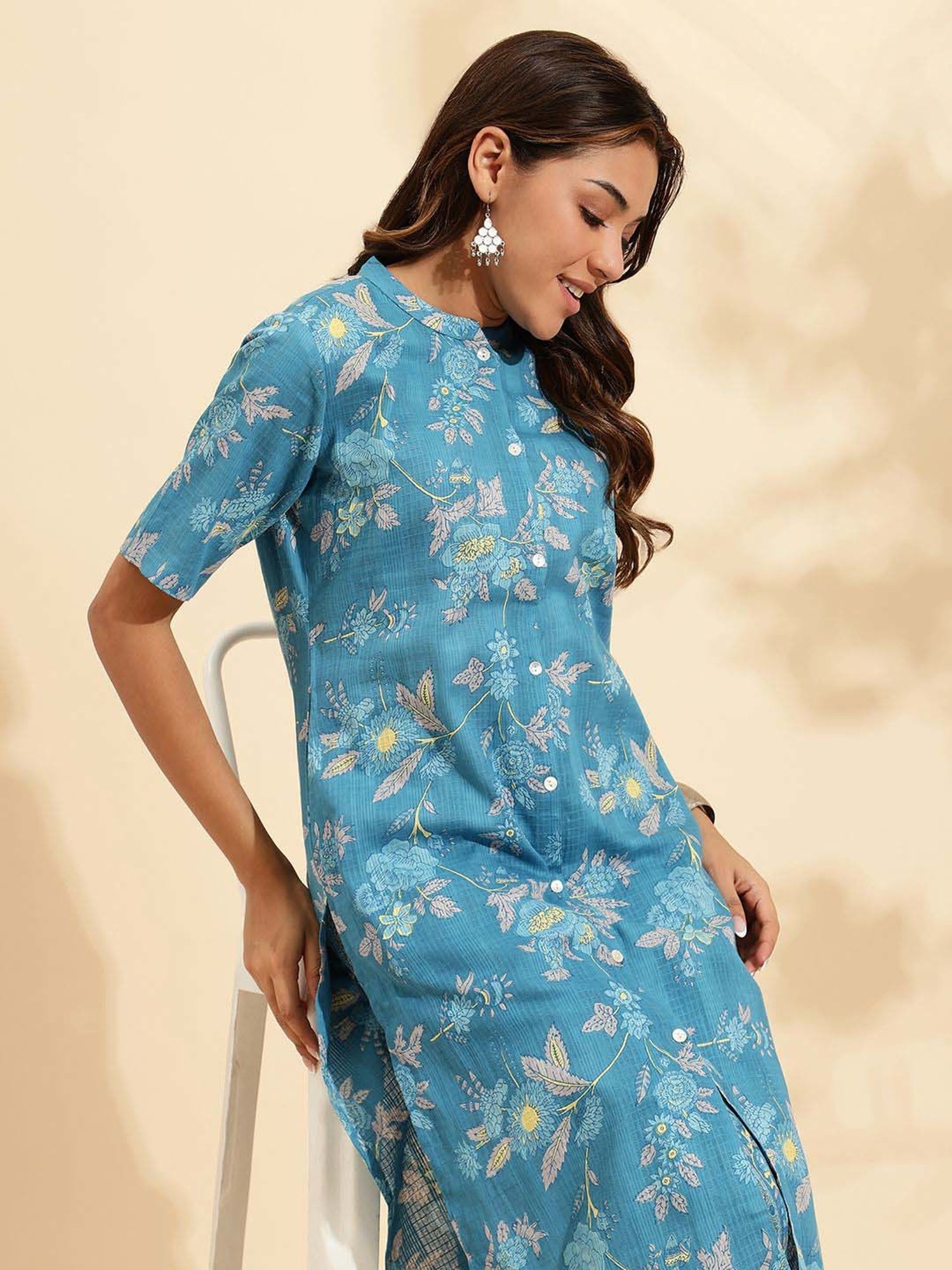 Sringam Blue Cotton Printed Kurta & Pant Set