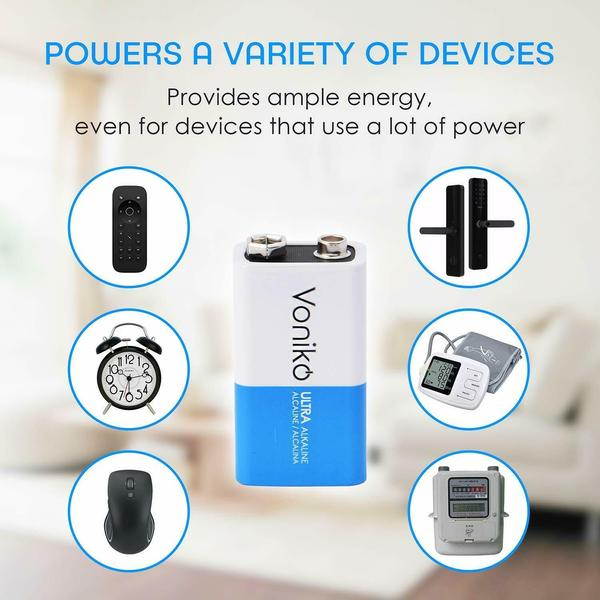 VONIKO Ultra Alkaline 9V Batteries 4-Pack , 7 Year Shelf Life, Leakproof