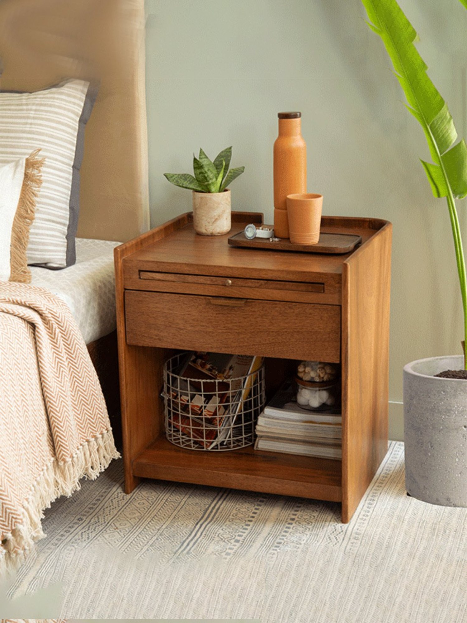 ellementry Bruno Brown Mango Wood End Table with Sleek Slider Drawer
