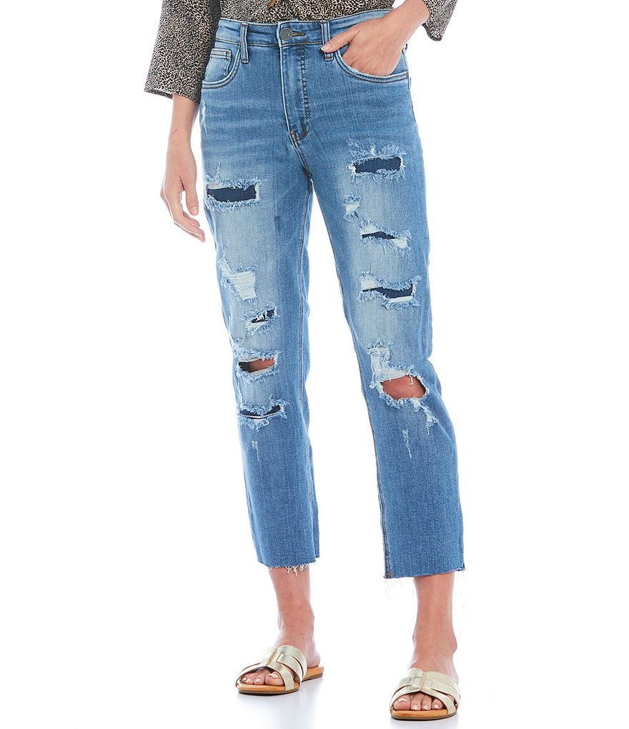 KUT from the Kloth Rachel Fab Ab Fit Technique High Rise Destructed Raw Hem Mom Jeans