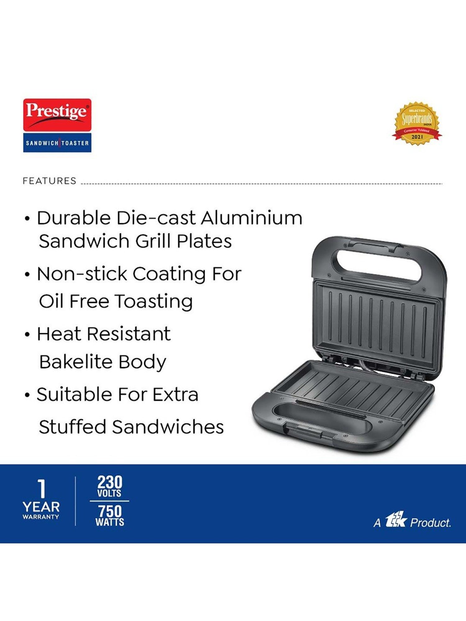 Borosil Sandwich Maker 700W Non Stick Coating (Black)
