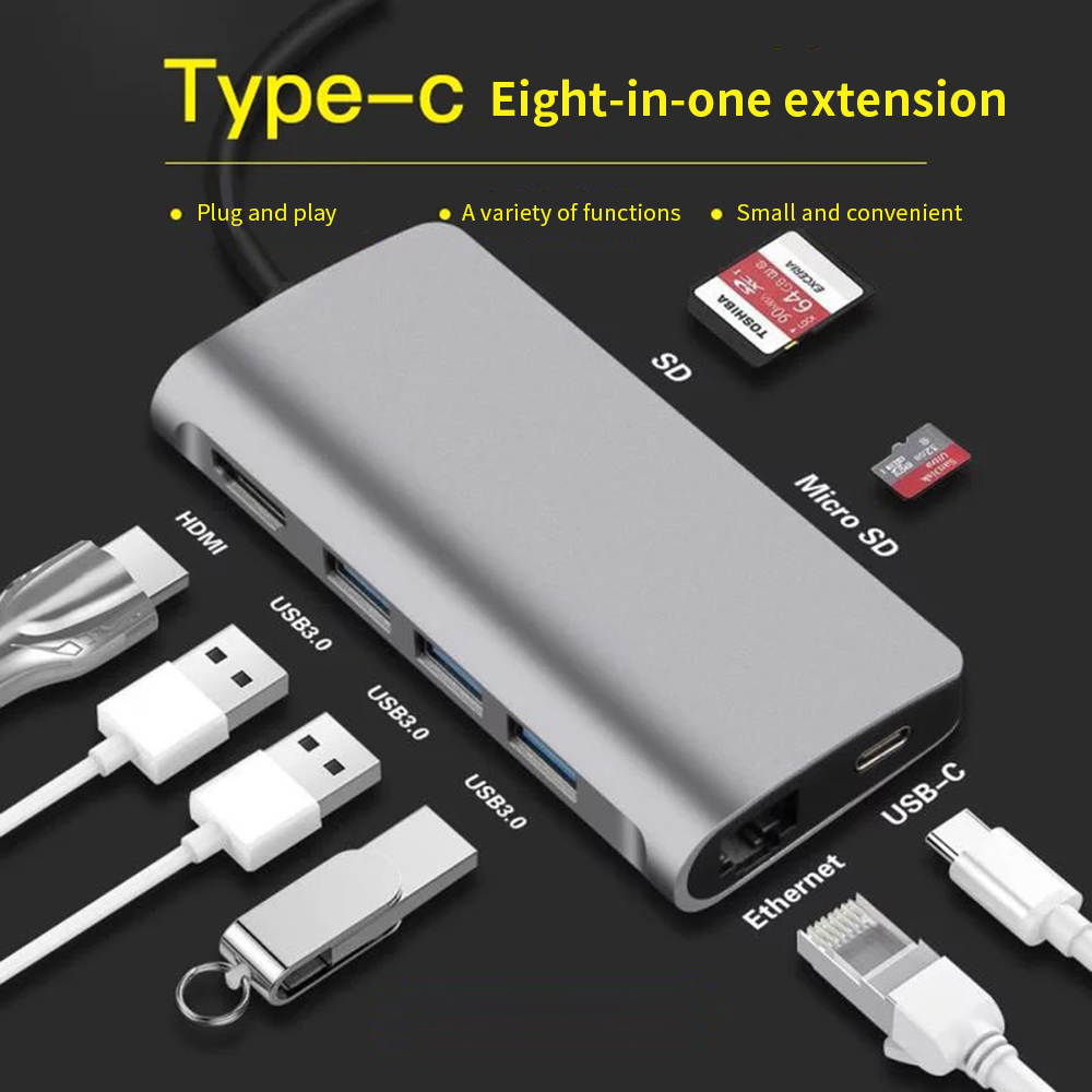 New Type-C 8-In-1 Multi-Function Converter Single Hub Hdmi Network Card Multi-Card Reader Hub