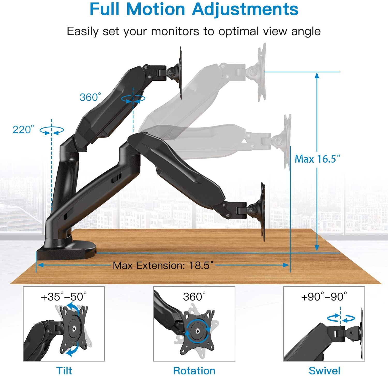 Dual Monitor Stand - Adjustable Spring Monitor Desk Mount Swivel Vesa Bracket with C Clamp, Grommet Mounting Base for 17 to 27 Inch Computer Screens - Each Arm Holds 4.4 to 14.3lbs