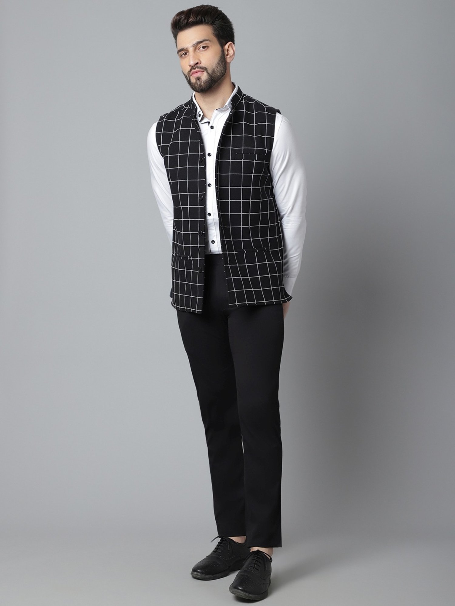 Even Black Regular Fit Checks Nehru Jacket