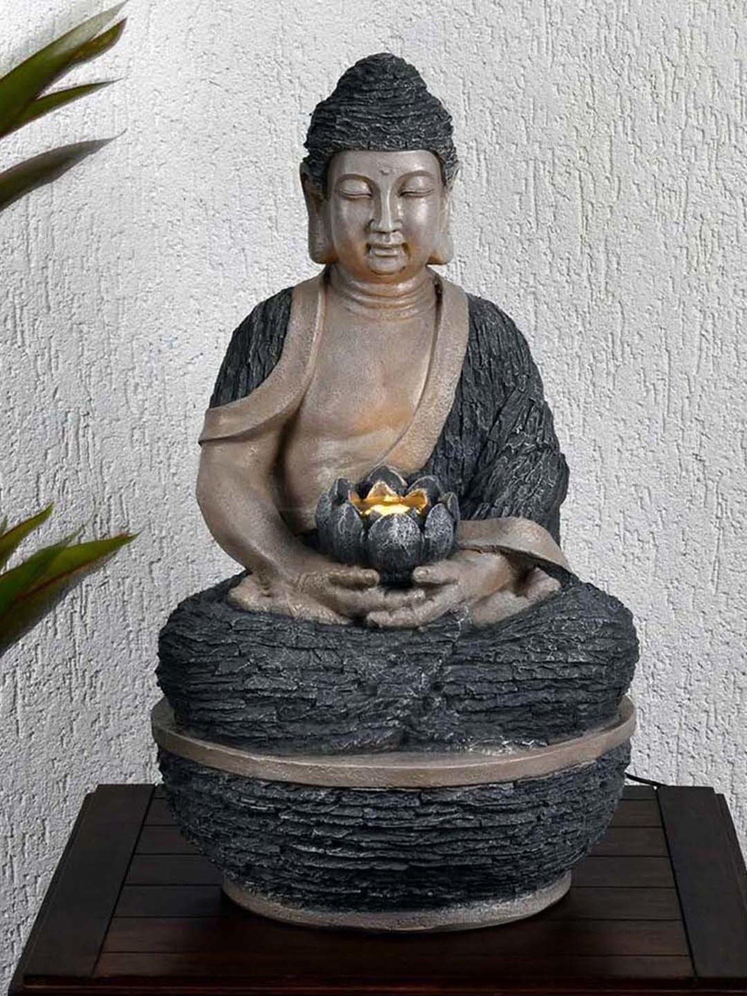 @home Grey Resin Buddha With Floral Bowl Water Fountain