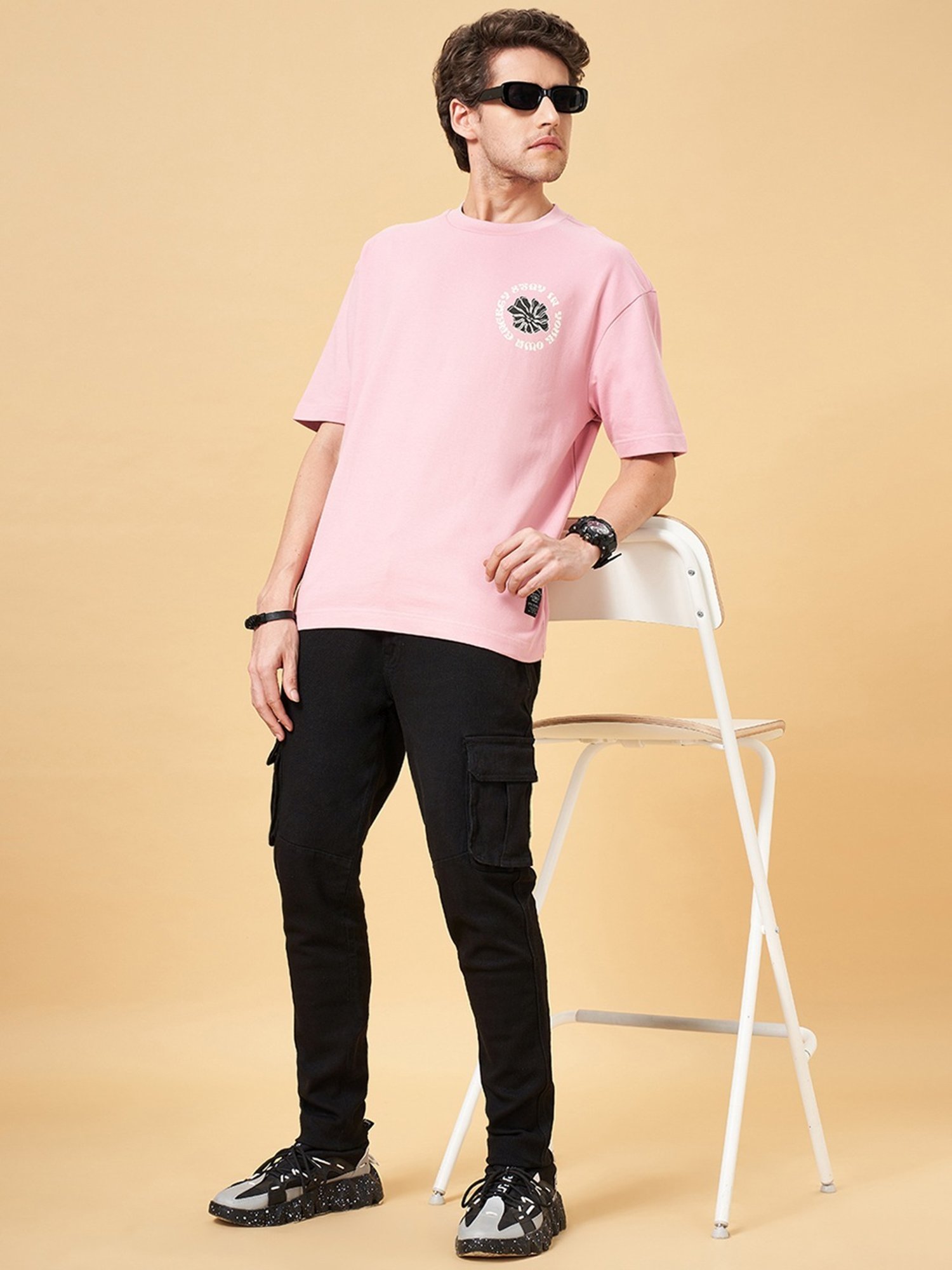 People by Pantaloons Pink Lavender Cotton Boxy Fit Printed T-Shirt