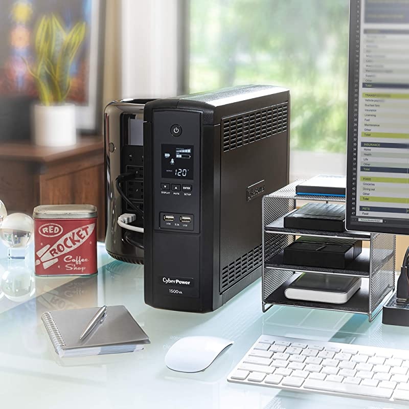 BRG1500AVRLCD Intelligent LCD UPS System, 1500VA/900W, 12 Outlets, AVR, Mini-Tower, 5-Year Warranty, Black