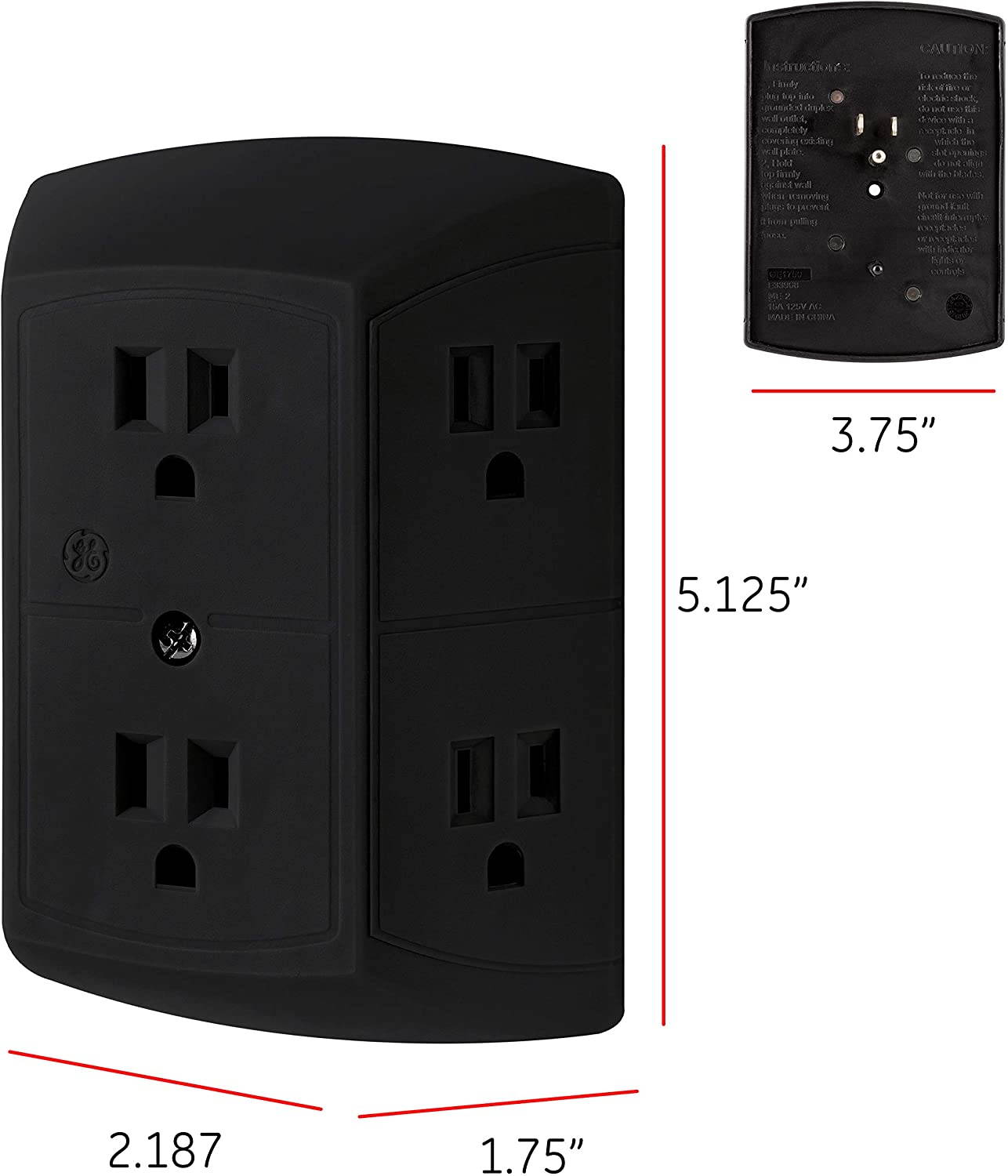 GE Pro 6 Outlet Surge Protector Adapter Spaced Tap, 3-Prong Power Strip, Charging Station, Side Access, White, 43648