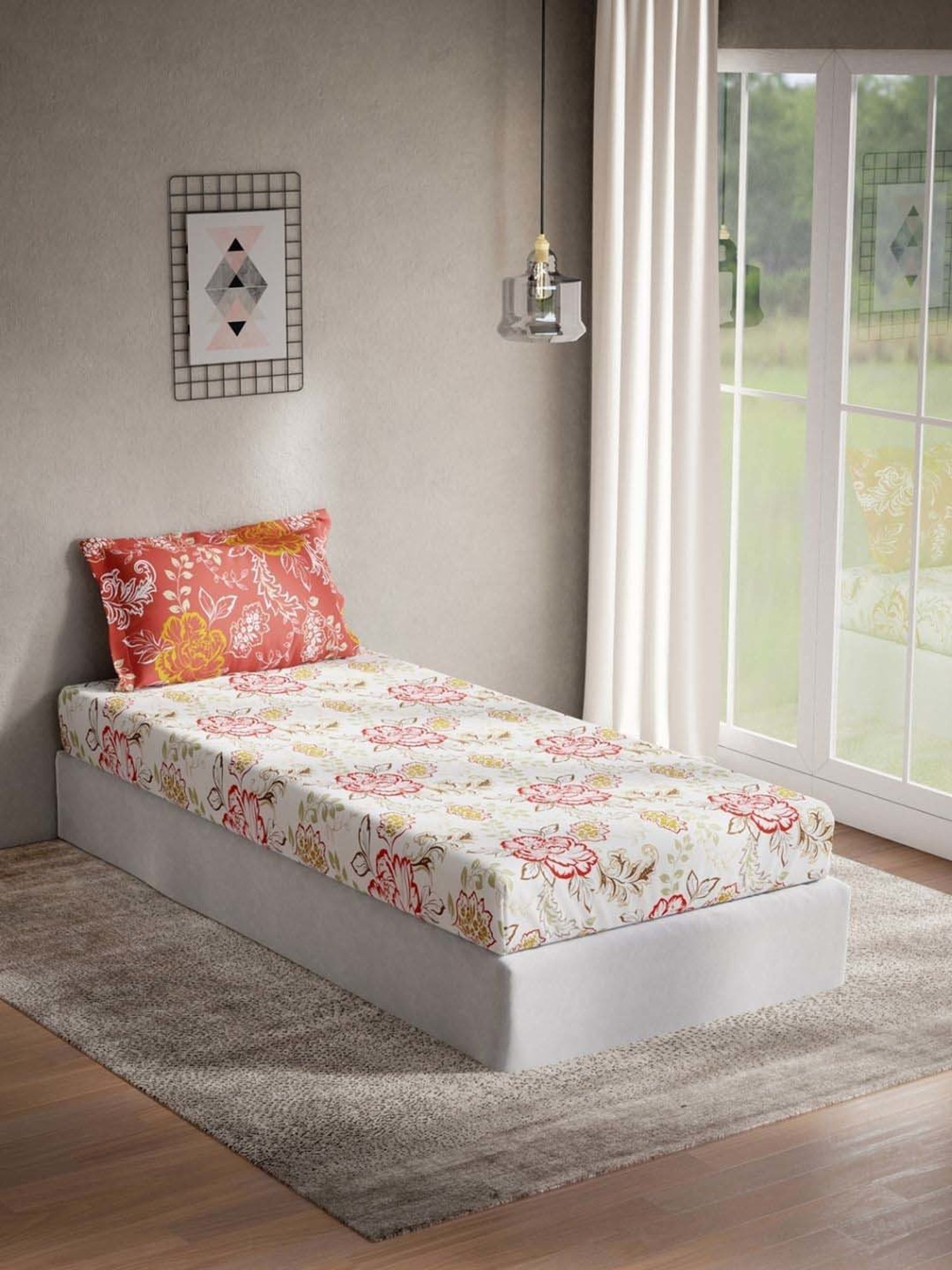 DDecor Lyra Floral Red Cotton 144 TC Single Bedsheet With 1 Pillow Cover