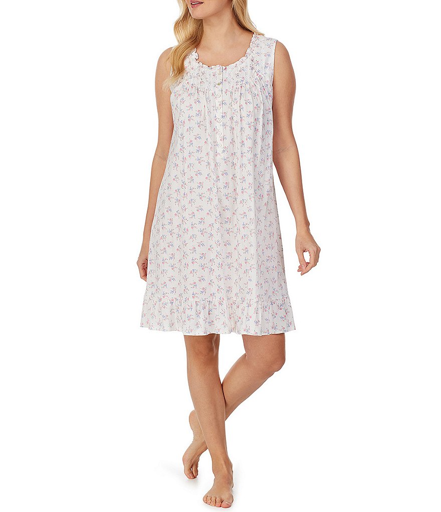 Miss Elaine Petite Silky Knit Square Neck Short Sleeve Checked Print Short Nightgown