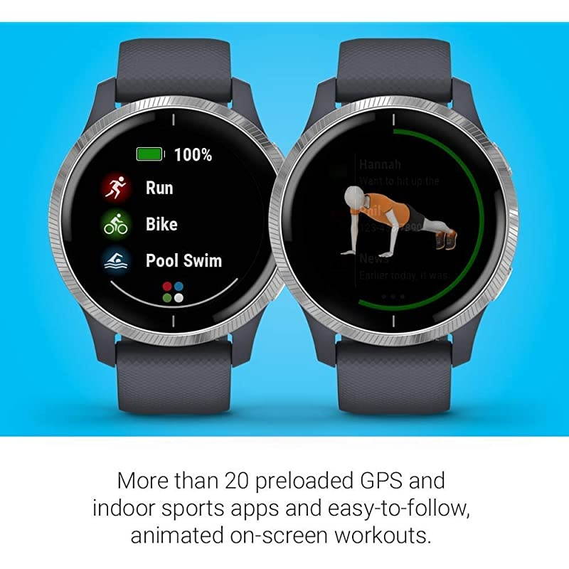 Garmin Venu GPS Smartwatch with AMOLED Display and  Ultimate White Earbuds with Charging Power Bank Case Bundle