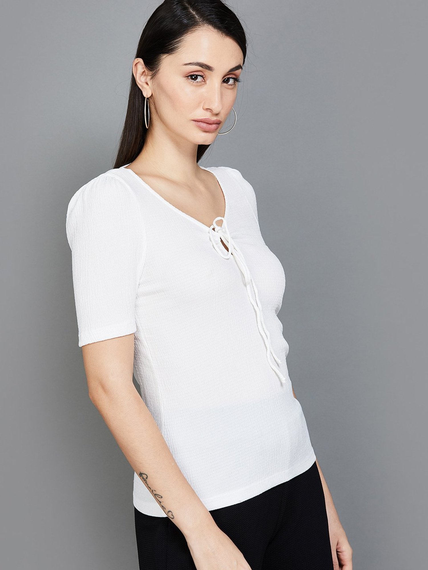 Code by Lifestyle White Half Sleeves Top