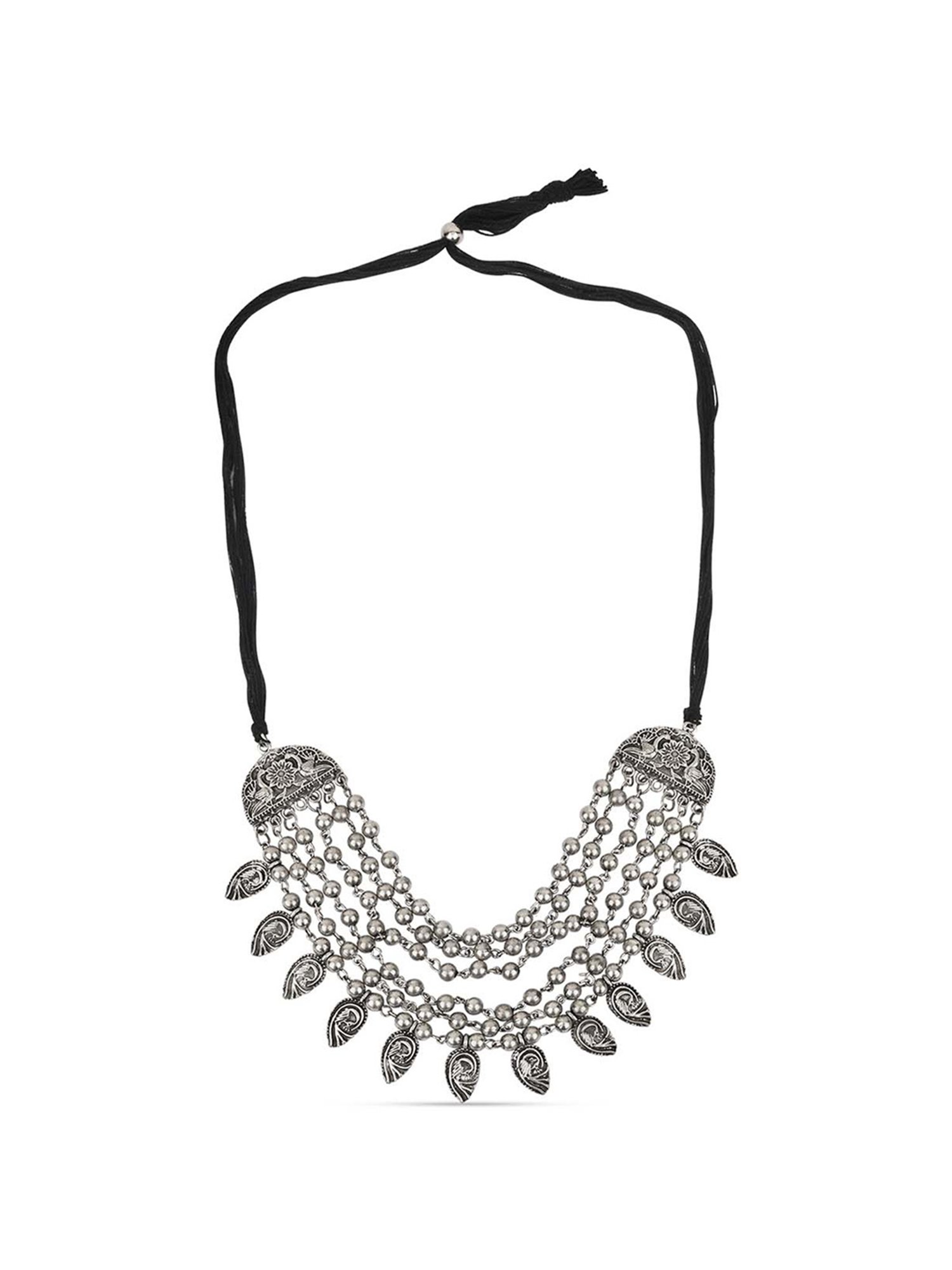 Fida Beaded Peacock Embossed Charm Silver Necklace