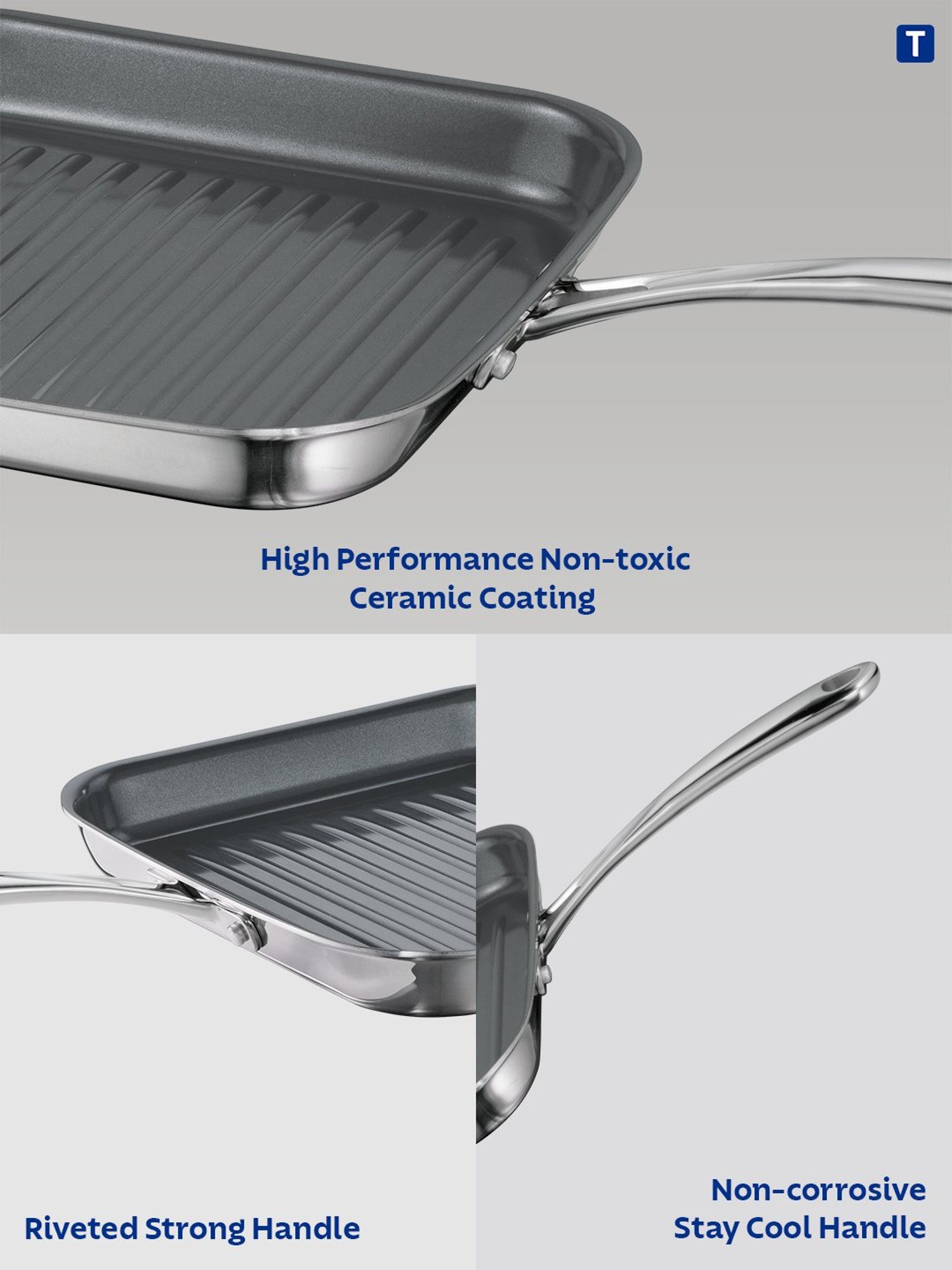 Tramontina Fusao Non-Toxic Triply Stainless Steel Ceramic Grill Pan 26cm Stay Cool Handle