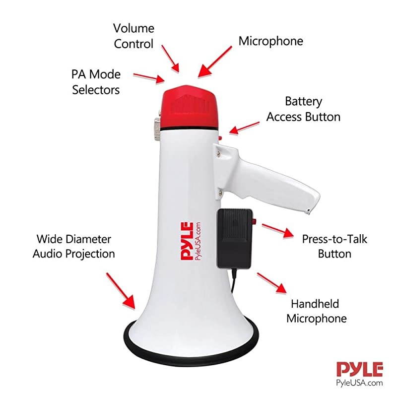 Bluetooth Bullhorn PA Megaphone iPhone Megaphone Speaker with Wired Microphone Siren Alarm Mode MP3USBSD Readers PMP42BT0 RedWhite
