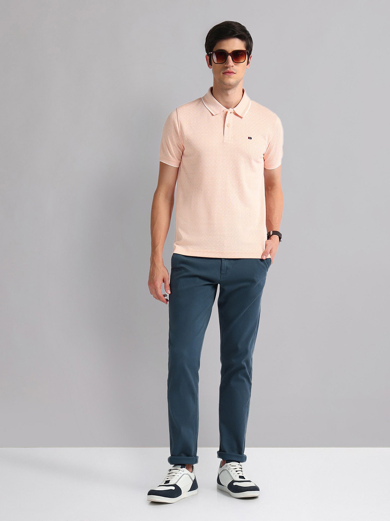 AD by Arvind Orange Slim Fit Self Design Polo T-Shirt