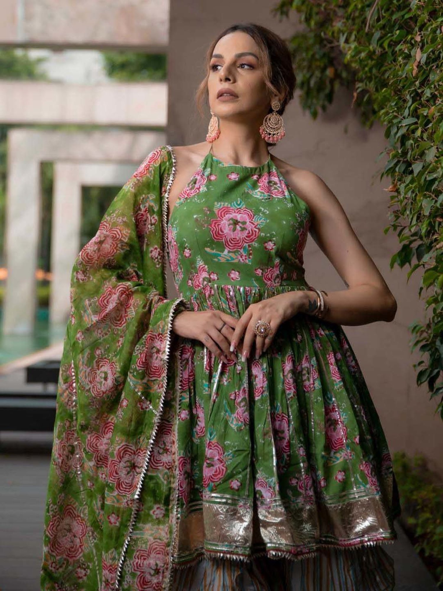 AACHHO Green & White Cotton Floral Print Kurti Sharara Set With Dupatta